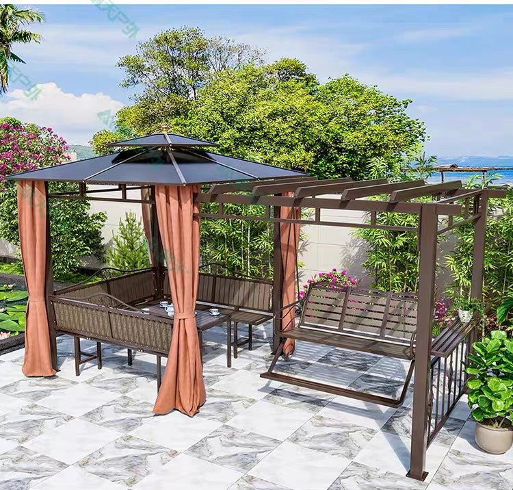 Outdoor Dining Gazebo — Fast-Install Table, Rocking Chairs & Pergola Set